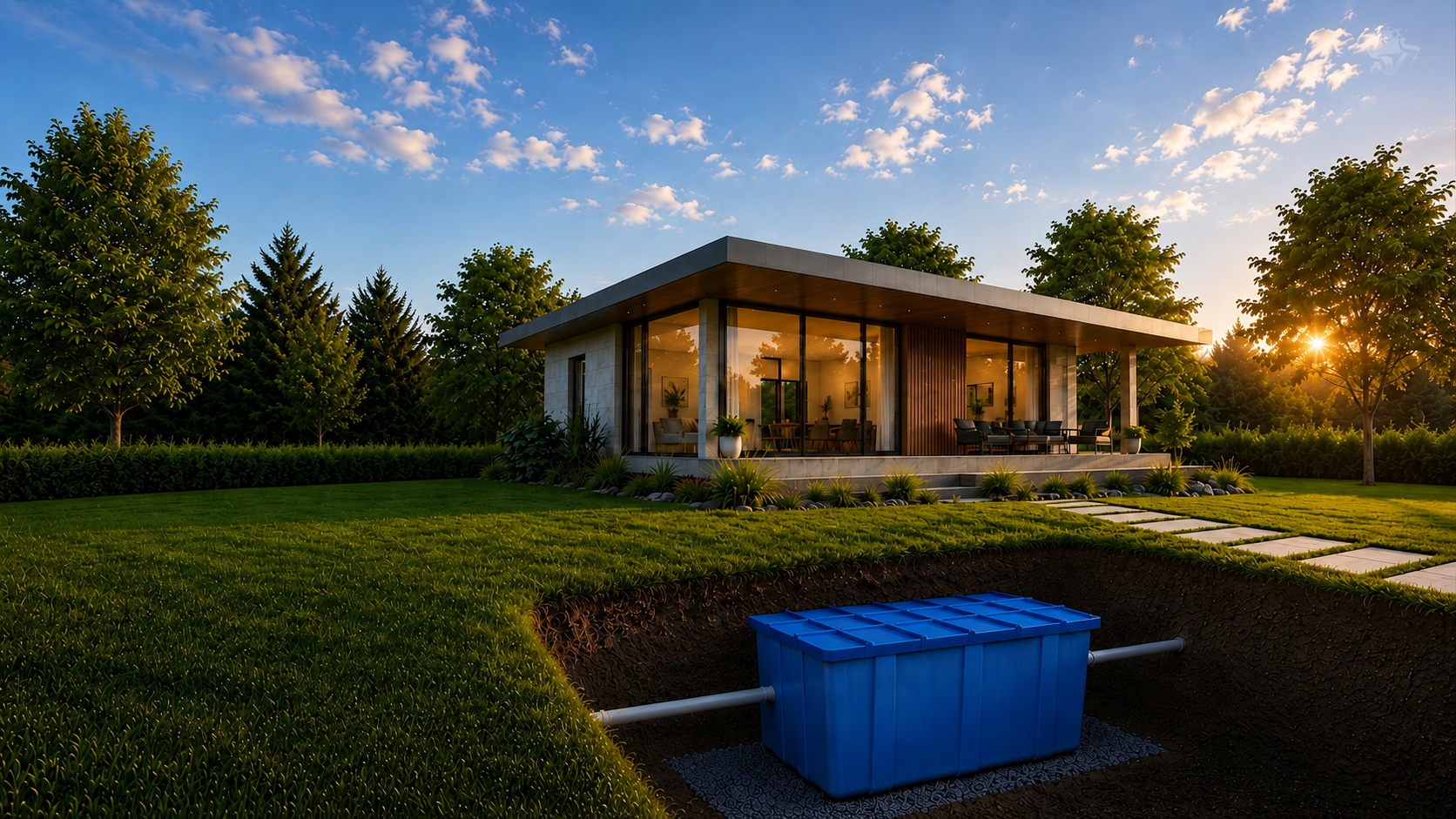 Casa moderna con jardín, representativa de una vivienda sin red cloacal